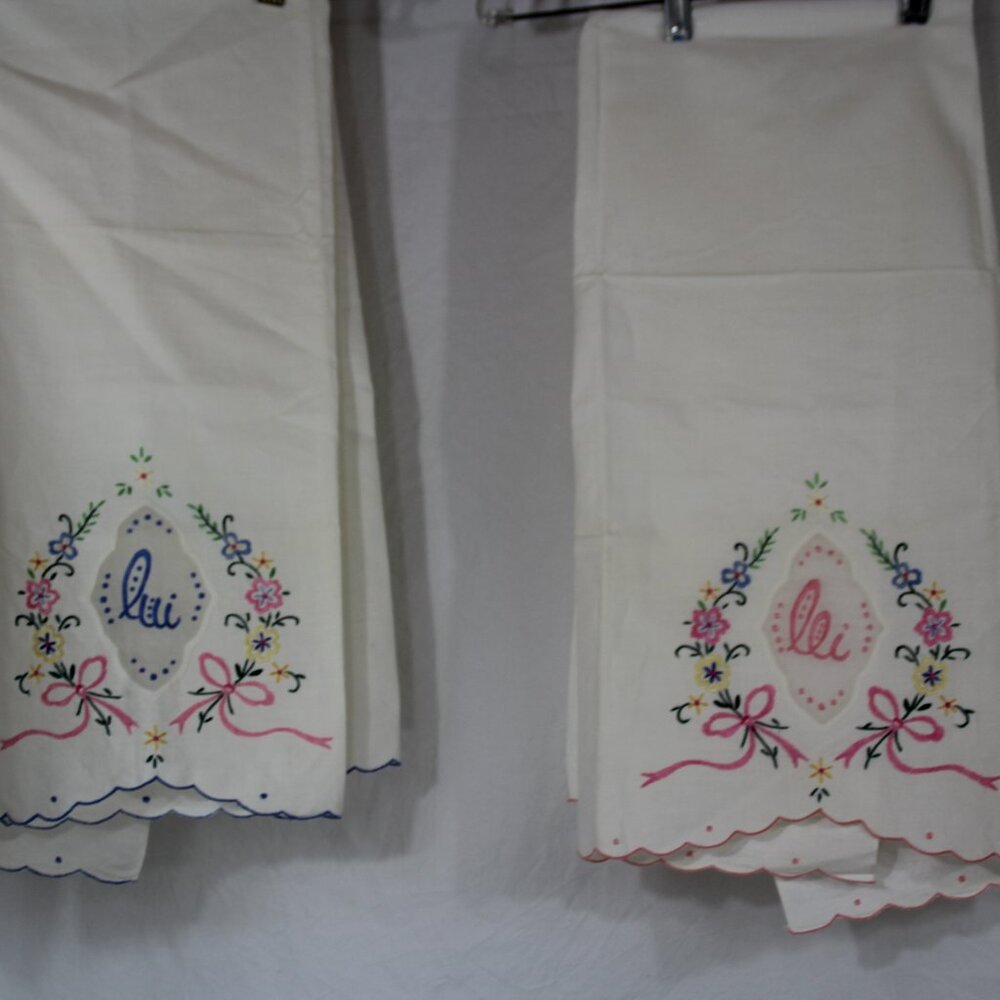 Vtg Monogrammed Lui Lei His Hers Embroidered Hand Towels Bridal Cottage Chic